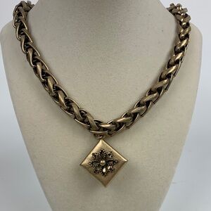 LOFT Gold Large Chain Statement Necklace with Square Floral Pendant Adjustable